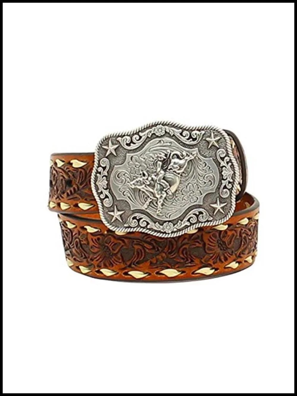 Genuine Leather Boys Western Belt with Tooled Floral Design and Buckle